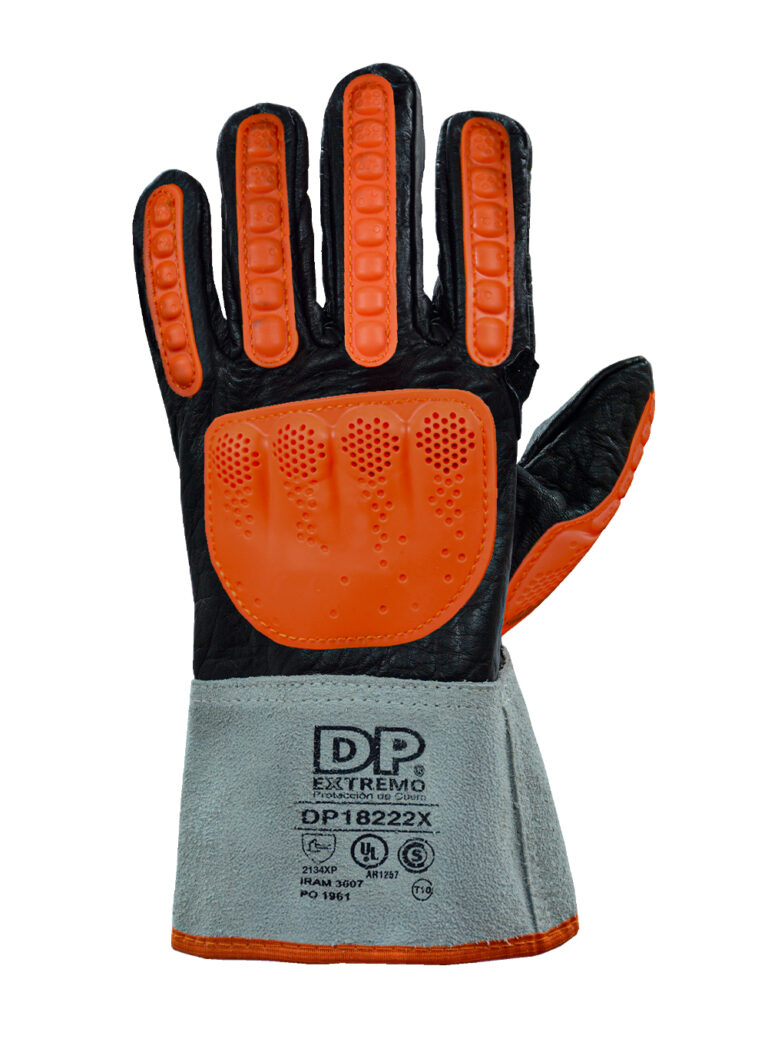Guante Americano Vaqueta Oleofuga Negra Puño Corto, Refuerzo Cadenero,Con Aplicaciones De TPR Guante de vaqueta oleófuga negra DP 182225X con protección TPR naranja vista de frente.