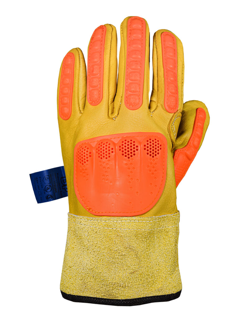 Guante Americano Vaqueta Puño Corto, Refuerzo Cadenero Refuerzo TPR Guante de vaqueta anti impacto DP 172226X con dorso TPR naranja vista frontal.