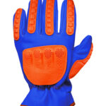 Guante de vaqueta hidrófuga azul DP 255255X con protección TPR naranja vista de perfil.