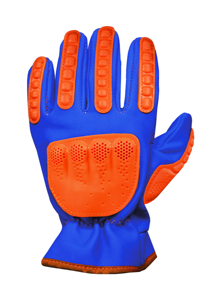 Guante Lincoln Vaqueta Hidrofuga Azul interior anticorte Puño Elastizado. Refuerzo cadenero Guante de vaqueta hidrófuga azul DP 255255X con protección TPR naranja vista de perfil.