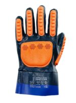 Guante industrial de nitrilo azul DP DPS11255X con protección TPR extrema en dorso frontal.