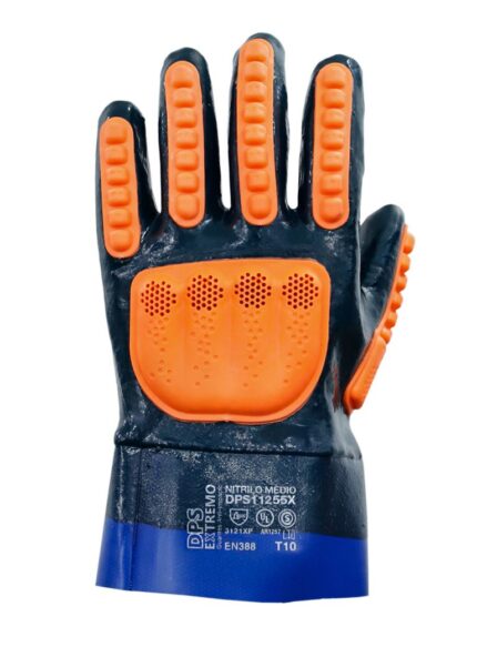 Guante industrial de nitrilo azul DP DPS11255X con protección TPR extrema en dorso frontal.