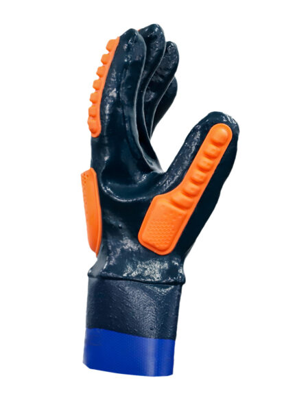 Vista lateral del guante antishock De Pascale mostrando el detalle del pulgar y el puño de PVC azul.