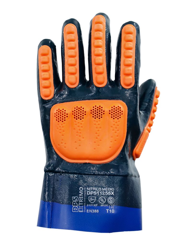 Guante Nitrilo Medio Baño Completo Azul Puño de Lona PVC Azul con TPR Anti-Impacto Guante industrial de nitrilo azul DP DPS11255X con protección TPR extrema en dorso frontal.