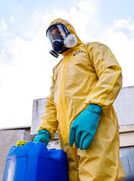 Trabajador con traje de protección química amarillo usando máscara de rostro completo silicona UCU6800RM De Pascale en tarea con sustancias peligrosas