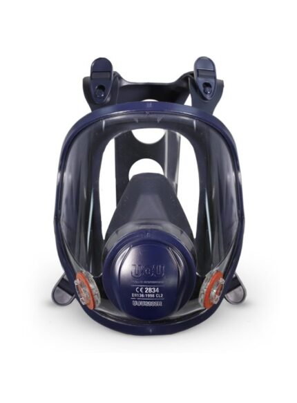 Máscara de rostro completo silicona UCU6800RM De Pascale Talle M azul certificada EN136 vista frontal fondo blanco
