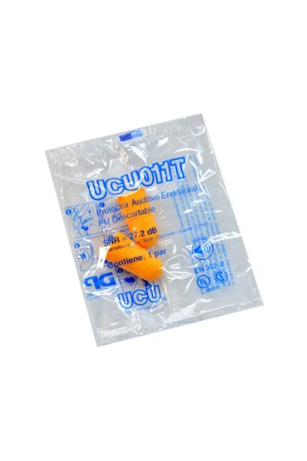 Blíster plástico transparente sellado que contiene un par de protectores auditivos descartables UCU011T con marcas de certificación EN 352-2 y especificaciones impresas.