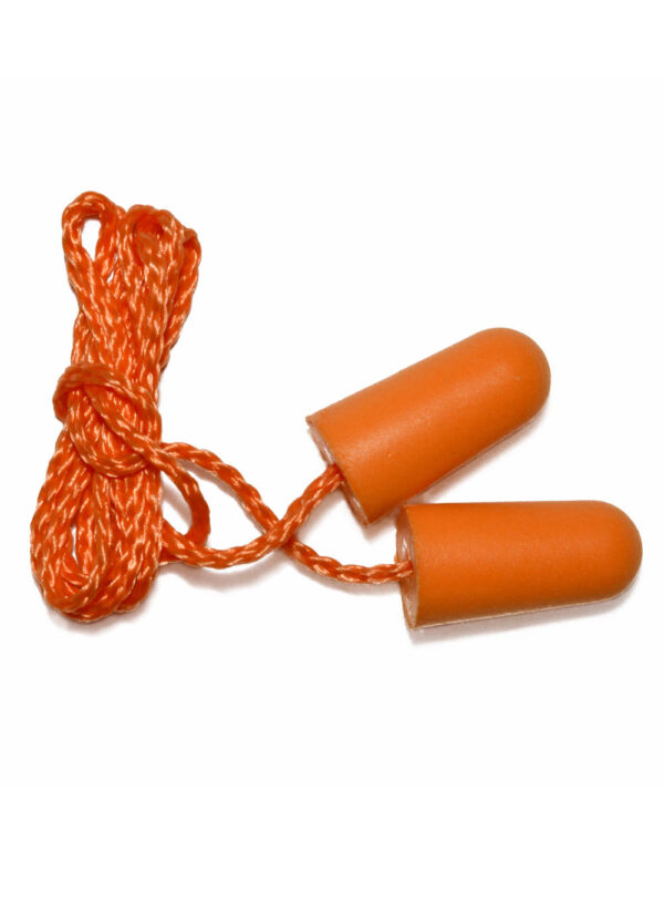 Protector Auditivo Endoaural PU Descartable Con Cordón 27,2dB Par de tapones auditivos descartables de espuma de poliuretano naranja modelo UCU012T, unidos por su correspondiente cordón trenzado al tono.