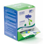 Caja expendedora comercial de protectores auditivos UCU010T, con el diseño del producto impreso en el frente y especificaciones técnicas detalladas en el lateral.