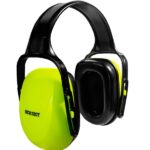 Protector auditivo de copa tipo vincha color amarillo fluo modelo UCU120T, vista de perfil mostrando la almohadilla negra y la marca del modelo en el lateral.