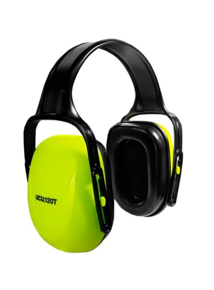Protector auditivo de copa tipo vincha color amarillo fluo modelo UCU120T, vista de perfil mostrando la almohadilla negra y la marca del modelo en el lateral.