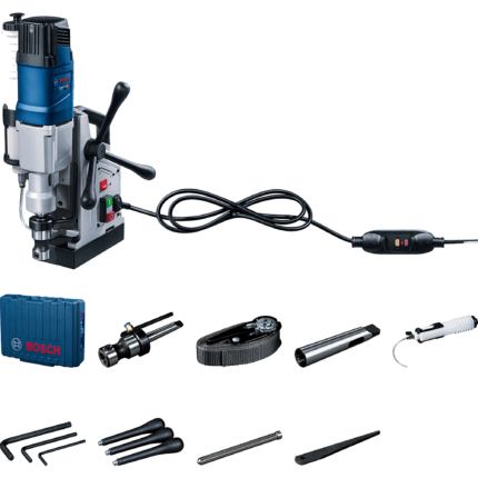 Taladro con núcleo magnético Bosch GBM 50-2 Professional de 1200W en color azul y plata, con panel de control Smart HMI, palanca de tres brazos, tanque de refrigeración acoplado y maletín de transporte con accesorios.