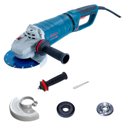 Amoladora angular Bosch GWS 25-180 LVI D Professional de 2500W de color azul, con empuñadura trasera en forma de D, empuñadura lateral Vibration Control y disco de corte azul colocado.