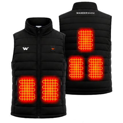 Vista digital frontal y trasera del chaleco negro Verbier Vest, ilustrando de forma gráfica la ubicación exacta de las 5 zonas de calor mediante cuadrículas iluminadas en color rojo y amarillo sobre las costillas, la espalda alta y la zona lumbar.