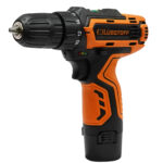 Taladro atornillador percutor inalámbrico con anillo selector de funciones y gatillo de velocidad variable.