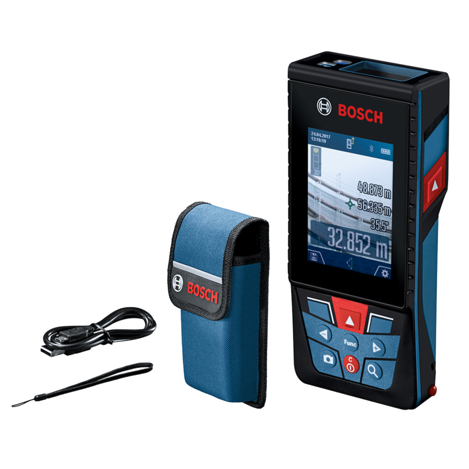 0601072FG0-000_01 Medidor láser Bosch PRO GLM 20 Professional sobre fondo blanco visto de frente con pantalla encendida.