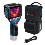 Termocámara Bosch PRO GTC 600 C junto a su bolso de transporte y cable USB-C™.