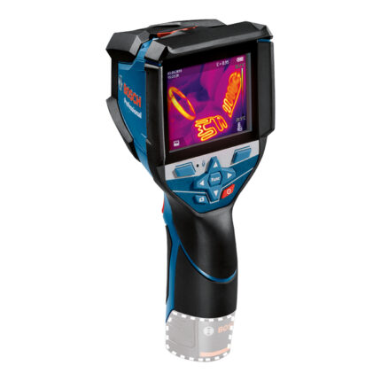 Cámara térmica Bosch PRO GTC 600 C vista de frente con pantalla encendida mostrando mapa de temperatura.