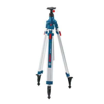 Trípode de construcción Bosch PRO BT 300 HD desplegado sobre fondo blanco mostrando sus patas telescópicas y rosca de 5/8".