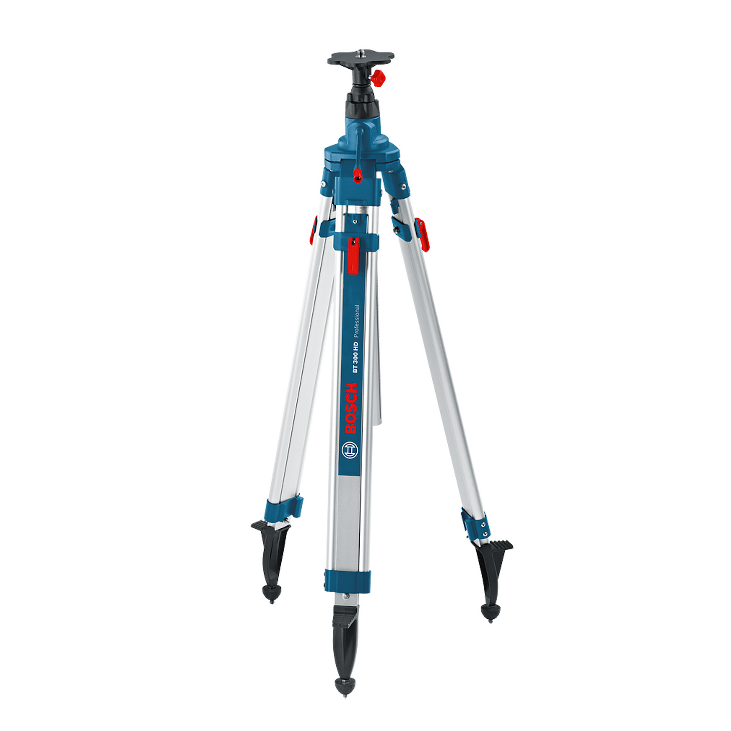 0601091A00-000_01 Trípode de construcción Bosch PRO BT 300 HD desplegado sobre fondo blanco mostrando sus patas telescópicas y rosca de 5/8".