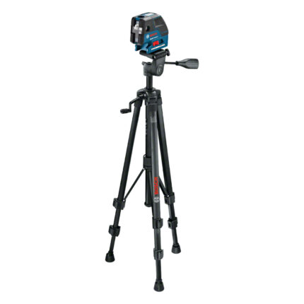Trípode Bosch BT 150 montado con nivel láser de líneas Bosch de rosca 1/4".