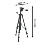 Esquema con dimensiones del trípode Bosch BT 150 indicando altura de 55-157 cm y apertura de base de 38-88 cm.