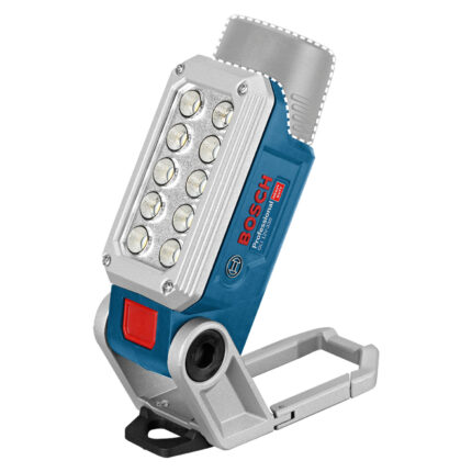 Linterna inalámbrica Bosch GLI 12V-330 sobre su base articulada desplegada con vista frontal de los 10 LED.