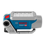 Vista lateral compacta de la linterna Bosch GLI 12V-330 con el gancho inferior cerrado.
