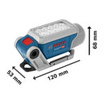 Diagrama de dimensiones de la linterna Bosch GLI 12V-330 indicando 120 mm de largo, 53 mm de ancho y 68 mm de alto.