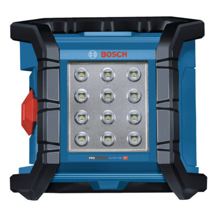Vista de frente de la linterna Bosch PRO GLI 18V-1500 mostrando sus 12 LED y el cuerpo reforzado en azul y negro.