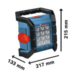 Diagrama dimensional de la linterna Bosch GLI 18V-1500 marcando 217 mm de largo, 133 mm de ancho y 215 mm de alto.