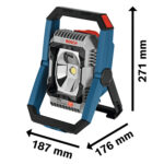 Diagrama de dimensiones de la linterna Bosch PRO GLI 18V-3000 indicando 187 mm de largo, 176 mm de ancho y 271 mm de alto.