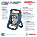 Infografía técnica de la linterna Bosch PRO GLI 18V-3000 destacando sus 3000 lúmenes, nivel IP64 y compatibilidad 18V.