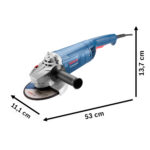 Amoladora Bosch PRO GWS 2200-180 indicando dimensiones de 53 cm de largo, 11,1 cm de ancho y 13,7 cm de alto.