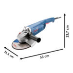 Amoladora Bosch PRO GWS 2200-230 indicando dimensiones de 53 cm de largo, 11,1 cm de ancho y 13,7 cm de alto.