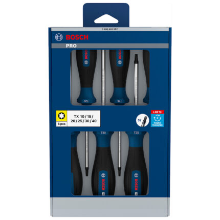 Juego de destornilladores Bosch PRO Torx de 6 piezas en empaque original con ventana frontal.