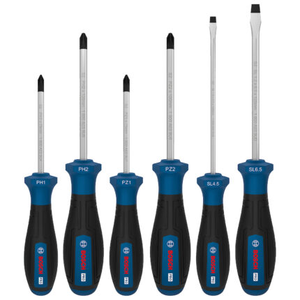 Juego de 6 destornilladores Bosch PRO PH, PZ y SL alineados modelo 1600A039PD.