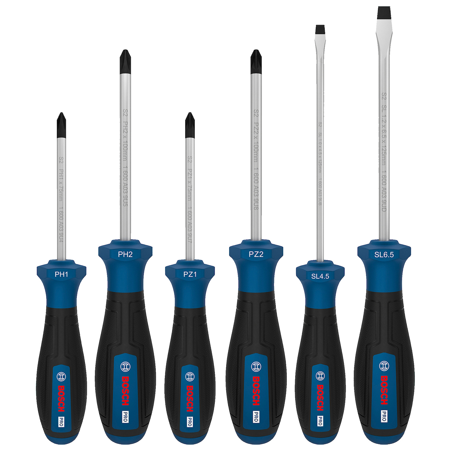 1600A039PD-000_01 Juego de 6 destornilladores Bosch PRO PH, PZ y SL alineados modelo 1600A039PD.