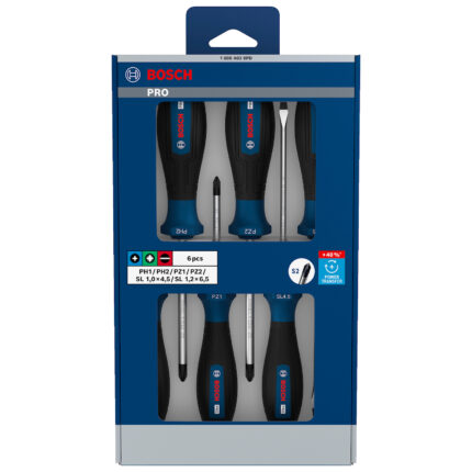 Juego de destornilladores Bosch PRO mixtos de 6 piezas en caja de presentación con ventana frontal.