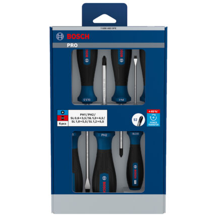 Set de destornilladores Bosch PRO PH/SL de 6 piezas en caja de presentación con ventana transparente.
