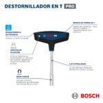 Infografía resaltando el asa en T, soporte magnético, eje extralargo y orificio de sujeción para trabajos en altura.