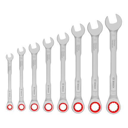 Juego de 8 llaves combinadas con crique Bosch PRO ordenadas por tamaño.