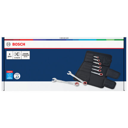 Caja de presentación del juego de llaves combinadas con crique Bosch PRO y bolso estuche.