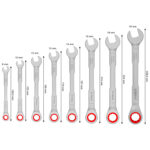 Esquema dimensional con las medidas de las 8 llaves combinadas Bosch PRO de 8 mm a 19 mm.