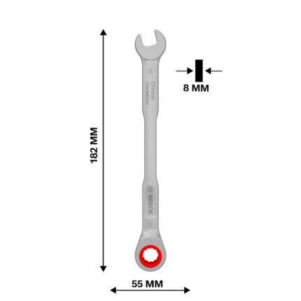 Esquema con acotaciones y medidas principales de la llave Bosch PRO.