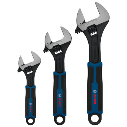 Juego de 3 llaves francesas ajustables Bosch PRO de distintos tamaños presentadas en posición vertical.