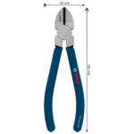 Alicate de corte diagonal Bosch de 160 mm indicando las medidas de largo (160 mm) y ancho (52 mm).