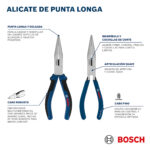 Infografía detallando la punta alargada, la articulación suave, las cuchillas de corte y las características del cabo del alicate de punta larga Bosch.