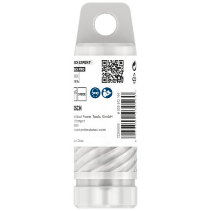 Vista posterior del envase del cortador anular Bosch PRO con especificaciones de uso e íconos de seguridad.