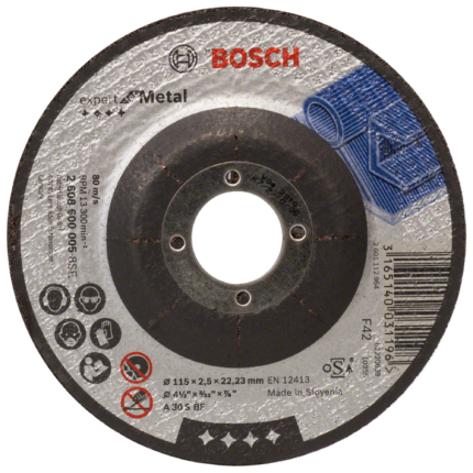 Vista frontal del disco de corte Bosch PRO Metal de 115 x 2,5 mm con sus especificaciones impresas.
